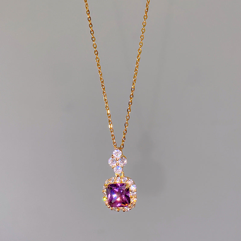 Sweet Colorful Cubic Zirconia Geometric Square Pendant Titanium Steel Necklace Cable Chain