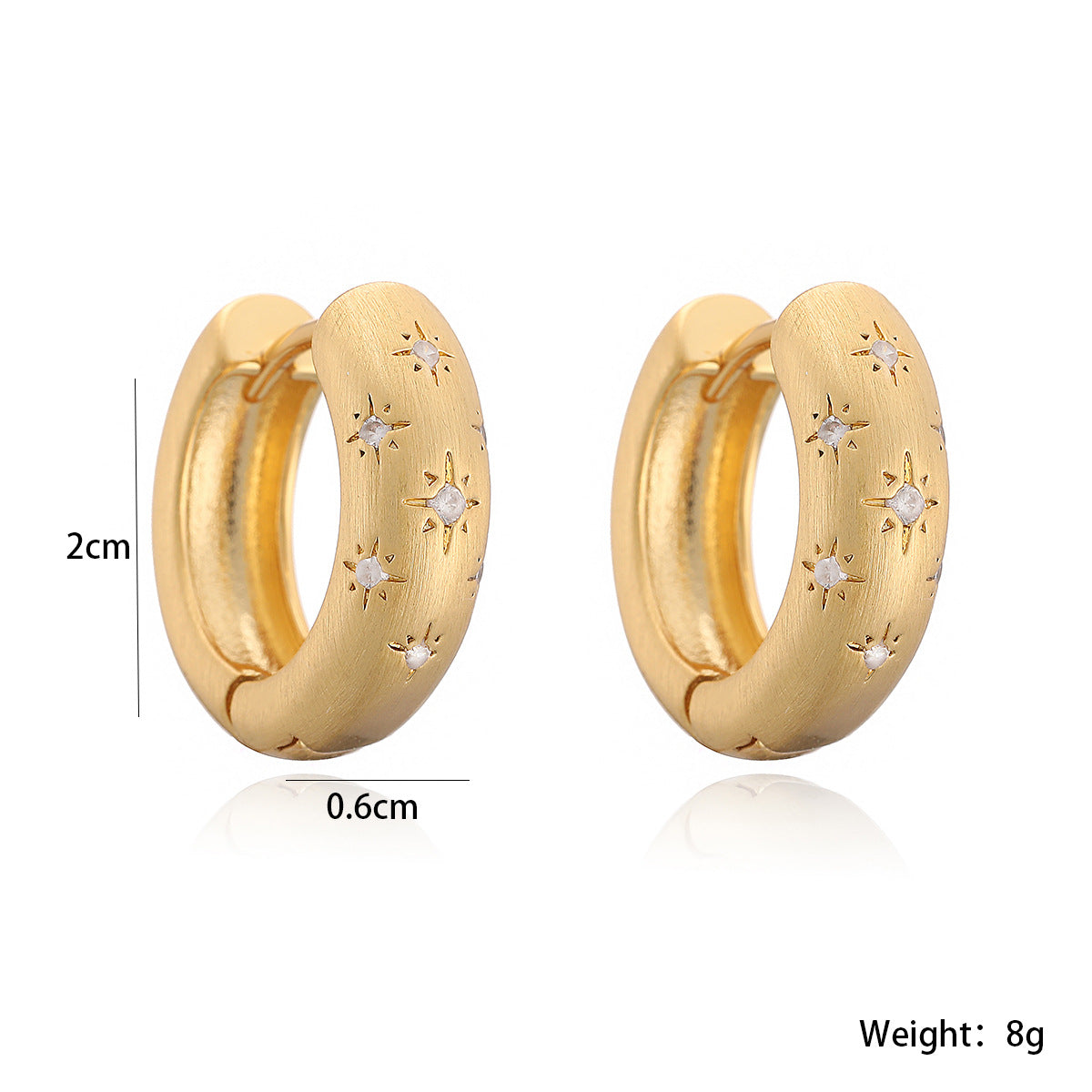 Vintage 18K Gold Plated Brass Brushed Star Hoop Earrings with Cubic Zirconia for Women