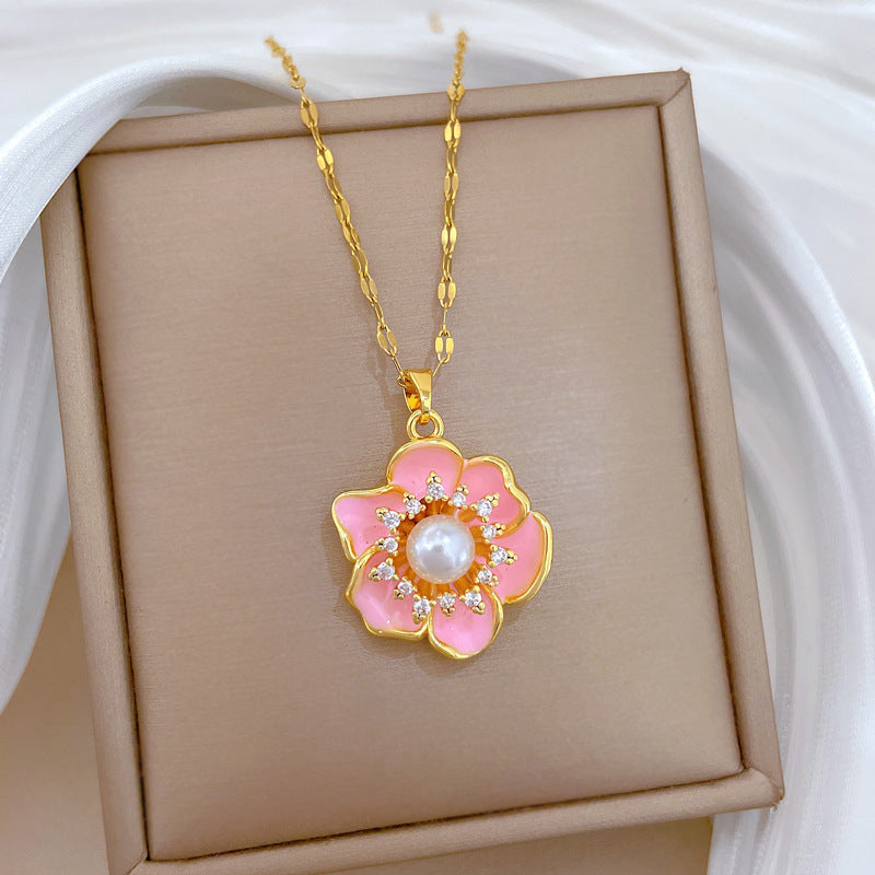 Sweet Luxury Pink Drip Oil Floral Rhinestone Titanium Steel Necklace for Unisex