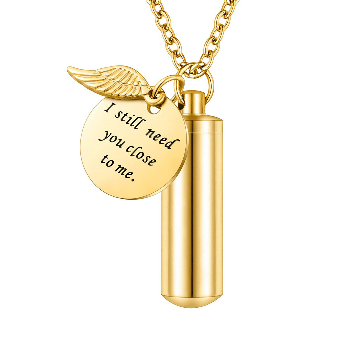 Personalized Stainless Steel Angel Wing Pendant Necklace with Hollow Cylinder Design for Pet Memorial Keepsake Unisex