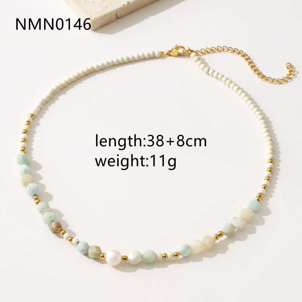 Minimalist Geometric Titanium Steel Beaded Necklace for Women with Red Jasper Sunstone Amazonite Natural Pearls