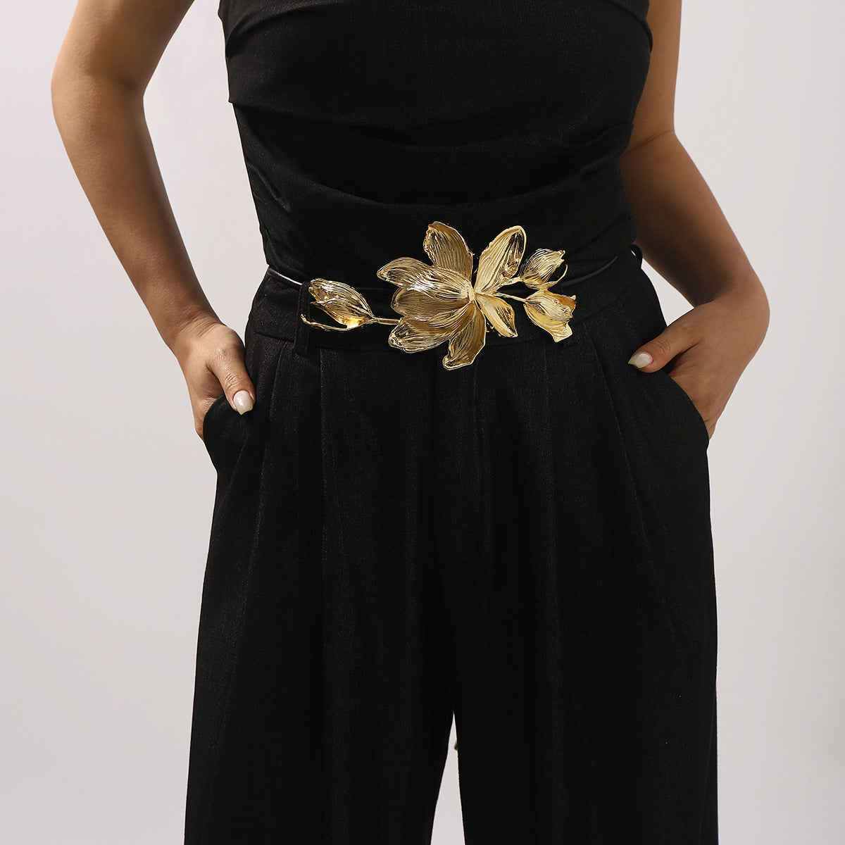 Vintage Tulip Flower Waist Chain for Women in Alloy with Leather Cord Adjustable Multi-Loop Design