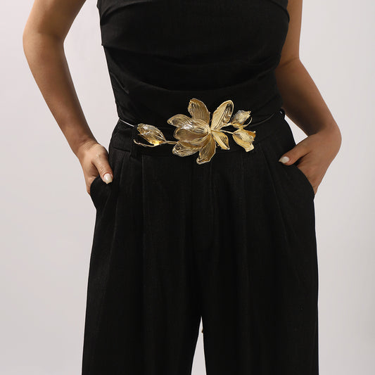 Vintage Tulip Flower Waist Chain for Women in Alloy with Leather Cord Adjustable Multi-Loop Design