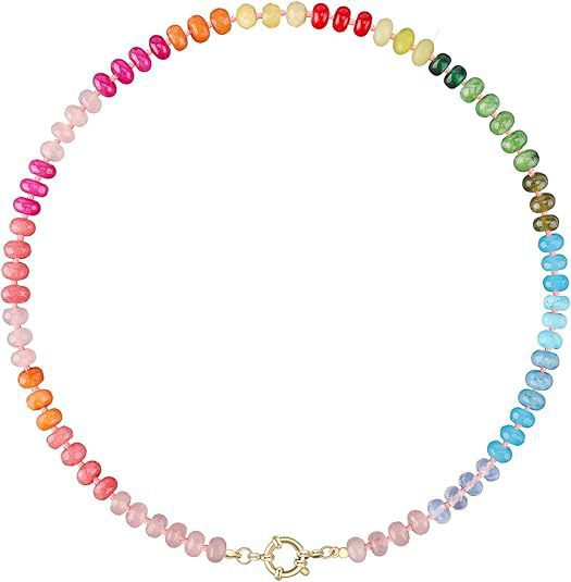 Sweet 8mm Natural Stone Bead Necklace Stainless Steel Geometric Round Ball Chain for Women