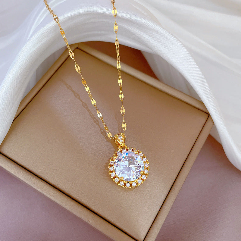 Elegant Titanium Steel Geometric Pendant Necklace for Women with Micro-Paved Rhinestones, Delicate Clavicle Chain