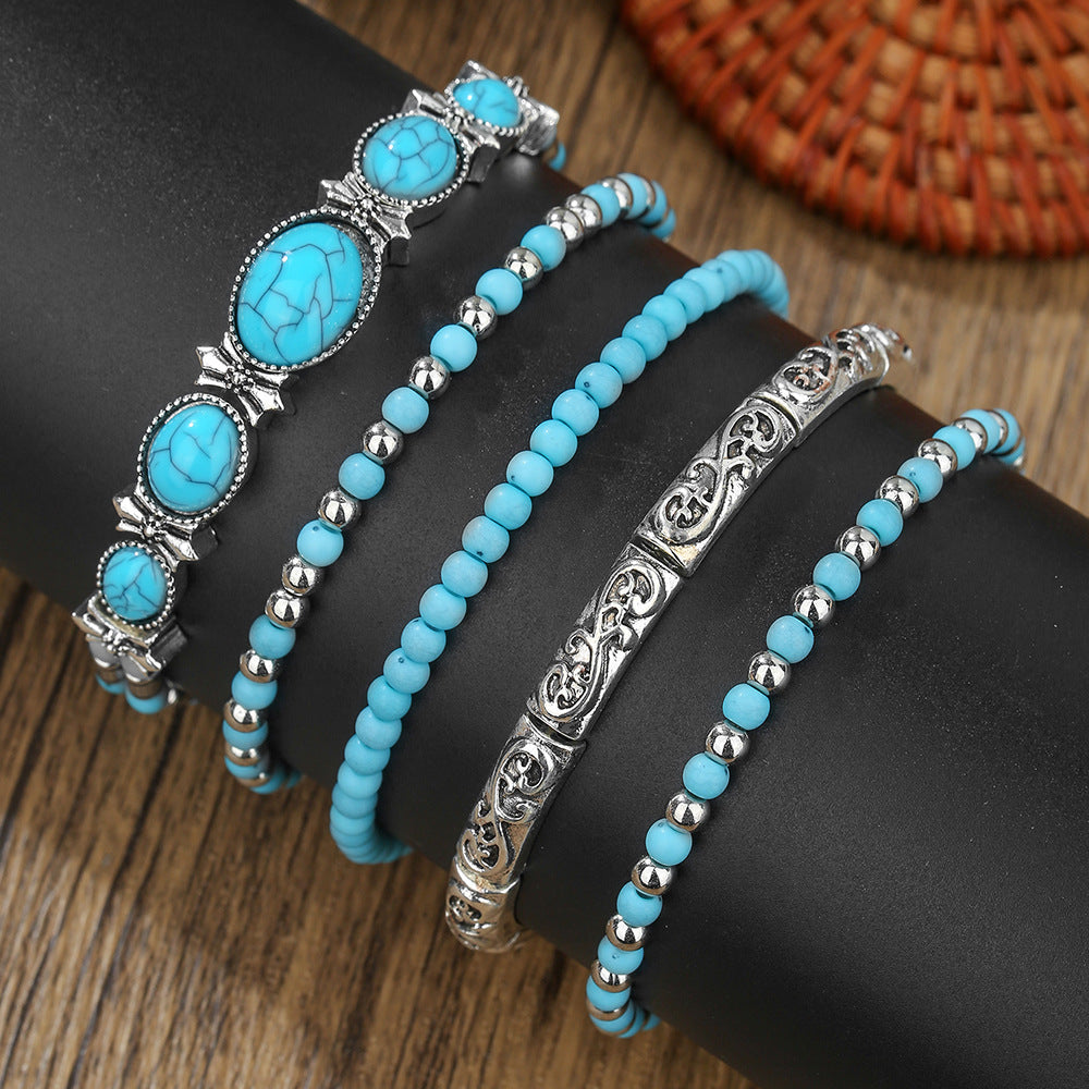 Ethnic Casual Round Geometric Alloy Bracelet with Simulated Turquoise