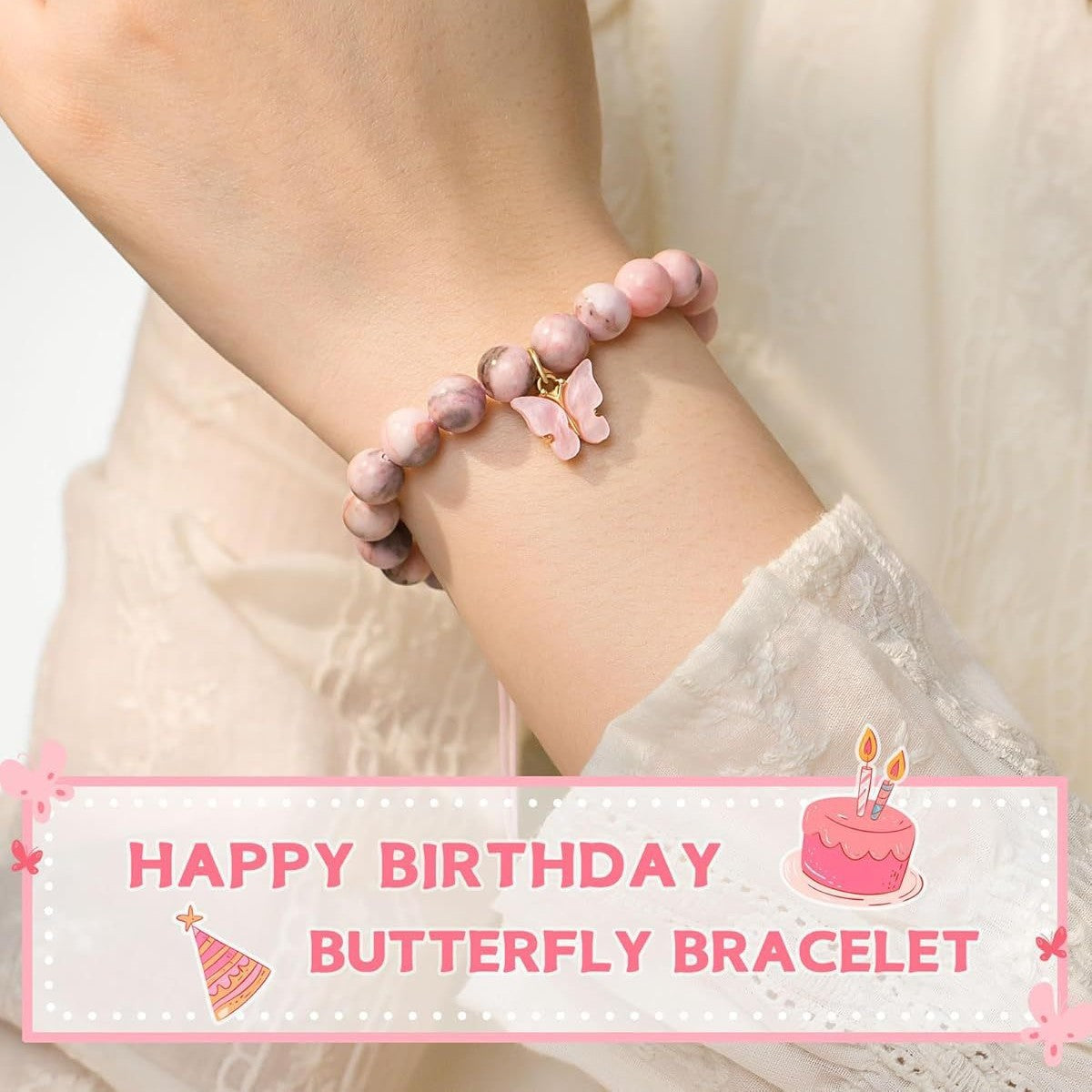 Sweet Zebra Print Agate Butterfly Bracelet Unisex Handmade Woven Bangle with Gift Card