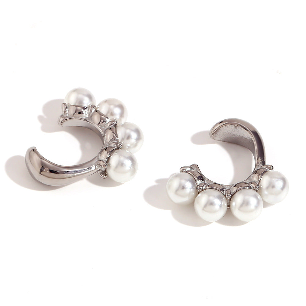 Fashion Vintage Geometric Stainless Steel 18K Gold Plated Four Pearl U-Shape Clip-On Earrings for Women