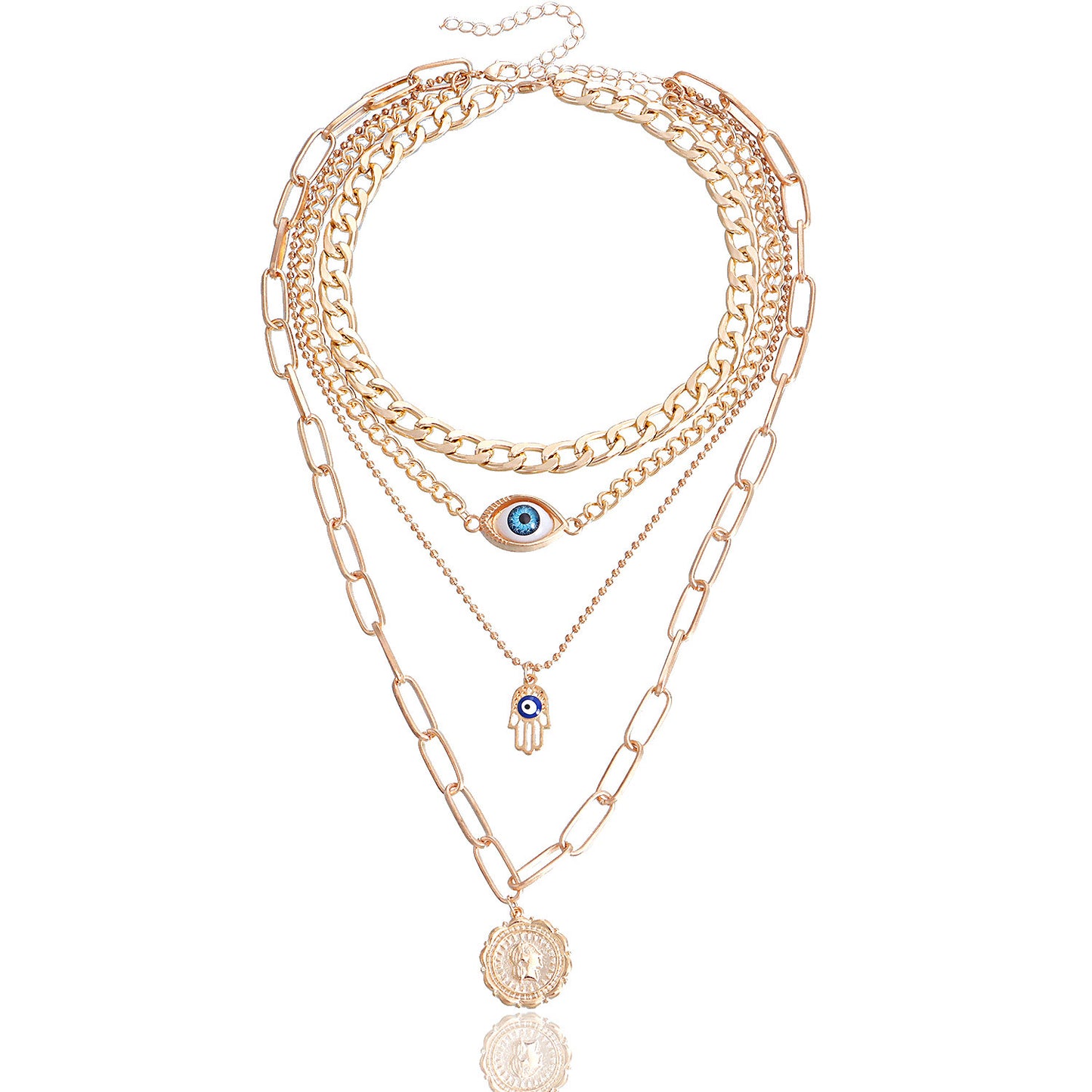 Vintage Geometric Demon Eye Round Pendant Necklace for Women with Alloy Plated Finish and Bamboo Chain