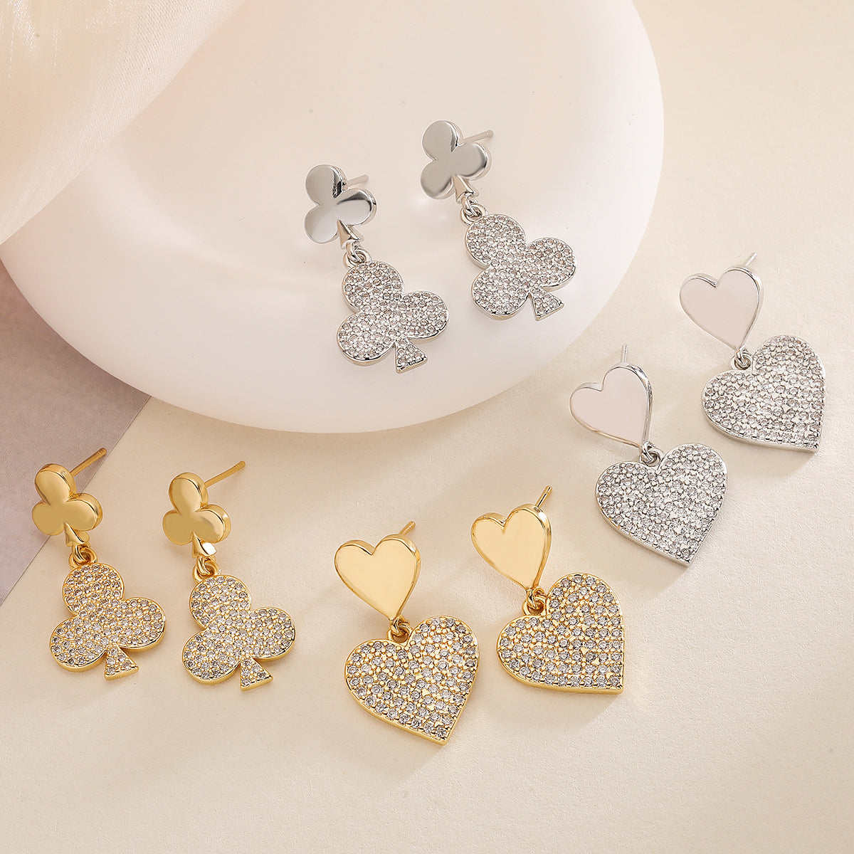 Minimalist Irregular Geometric Earrings for Women with Micro-Pave Zirconia in Copper, Heart-Shaped Accent