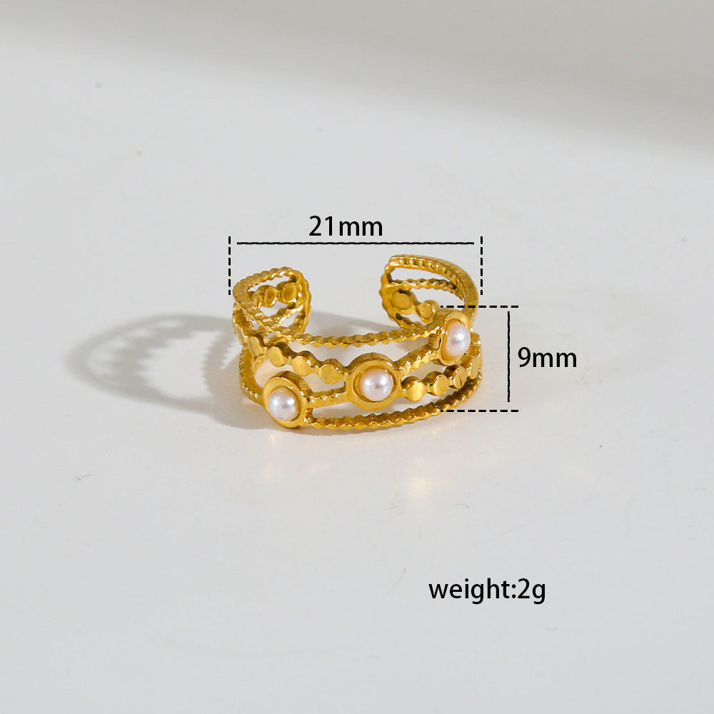 Anello aperto regolabile da donna in acciaio inossidabile geometrico minimalista con intarsio di perle e finitura placcata