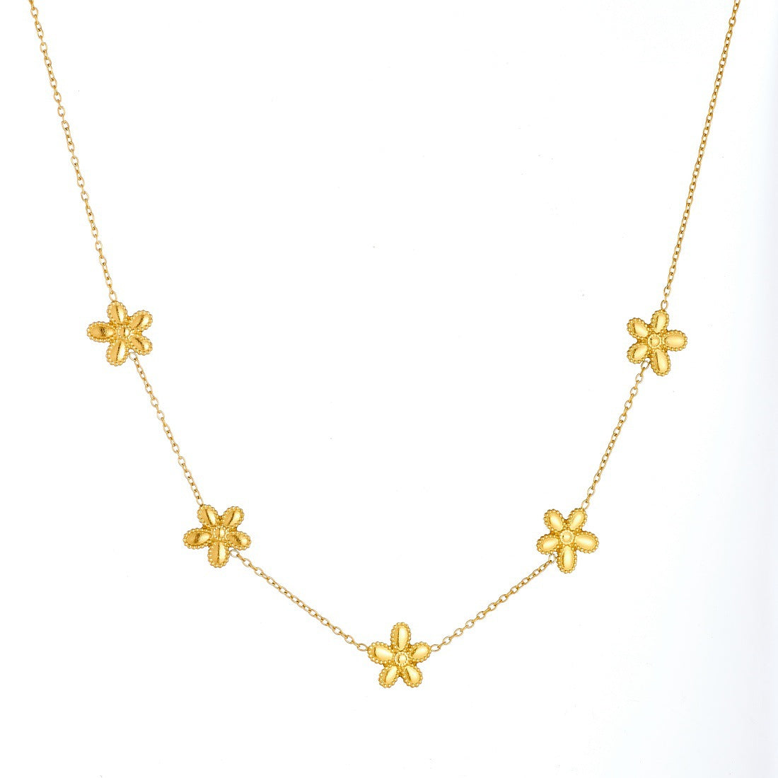 Minimalist Sweet Gold Plated Stainless Steel Floral Pendant Necklace and Earring Set for Women