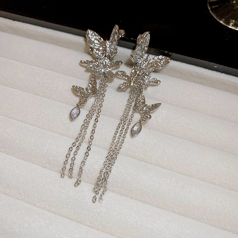 Orecchini a perno pendenti da donna con farfalla e fiore intarsiati di strass, stile chic, con perni in argento 925