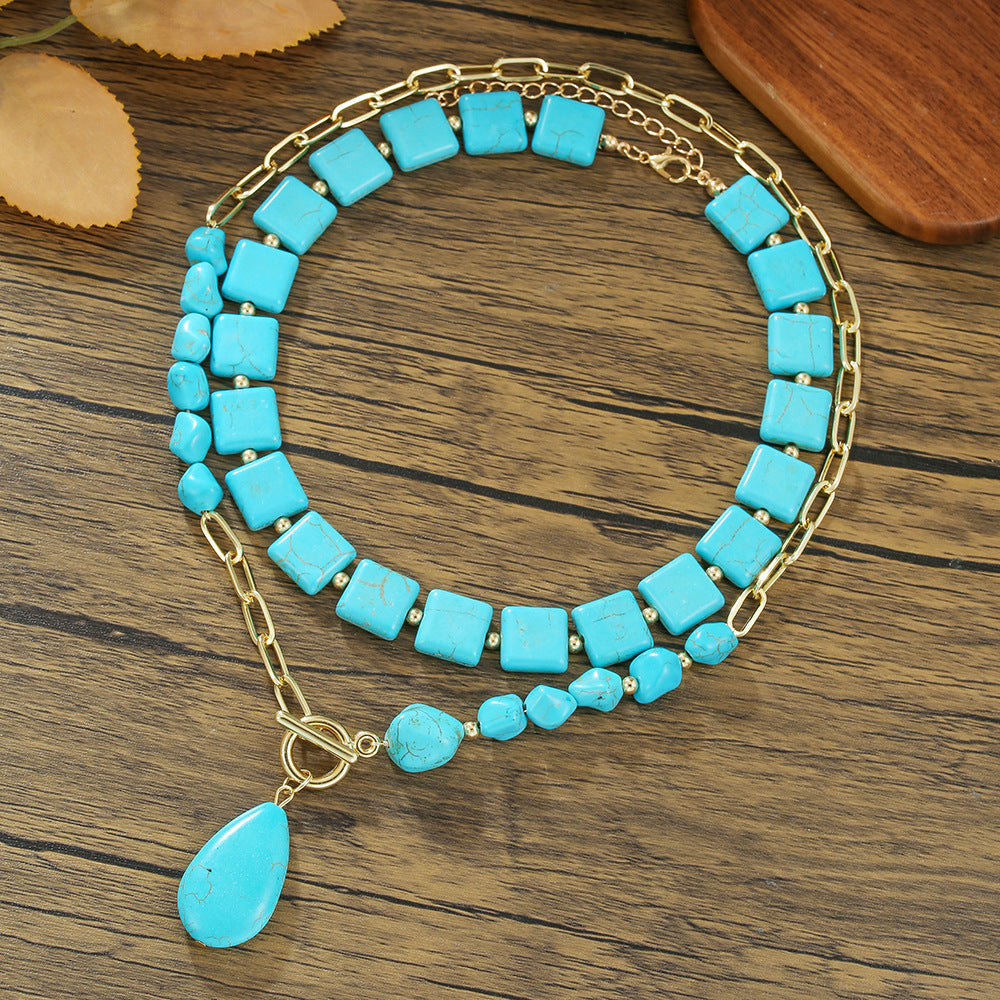 Bohemian Ethnic Geometric Butterfly Teardrop Heart Round Alloy Necklace with Turquoise and Pearl Inlay