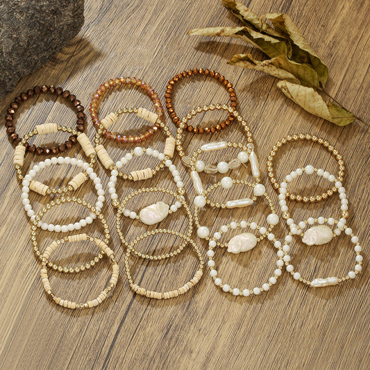 Vintage Minimalist Geometric Round Wood Pearl Crystal Bracelet