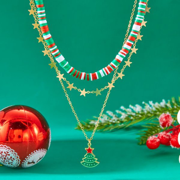 Collar de cuentas de arcilla polimérica con temática navideña con copo de nieve y colgante de Papá Noel de forma geométrica, gargantilla de cadena en O de aleación y electrochapada para mujer