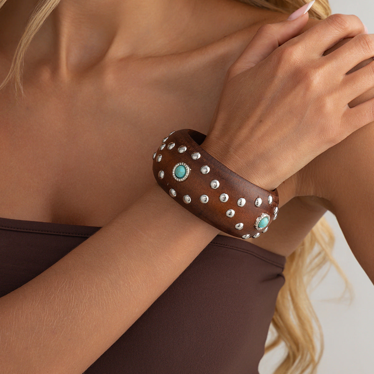 Vintage Ethnic Round Wood Cuff Bracelet Handmade