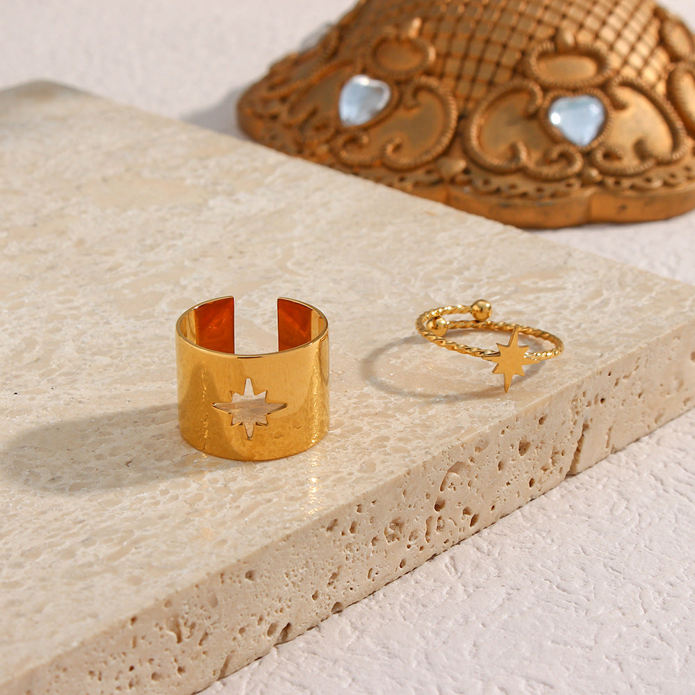Minimalist Adjustable Butterfly and Crescent Moon Ring for Women in Electroplated 18K Stainless Steel with Hollow-Out Geometric Design