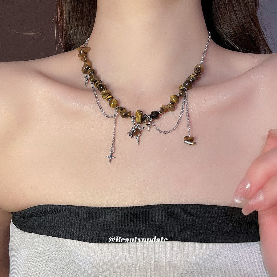 Collana con Ciondolo Vintage a Occhio di Tigre Geometrico Placcata Oro 18K Lunga per Maglione da Donna