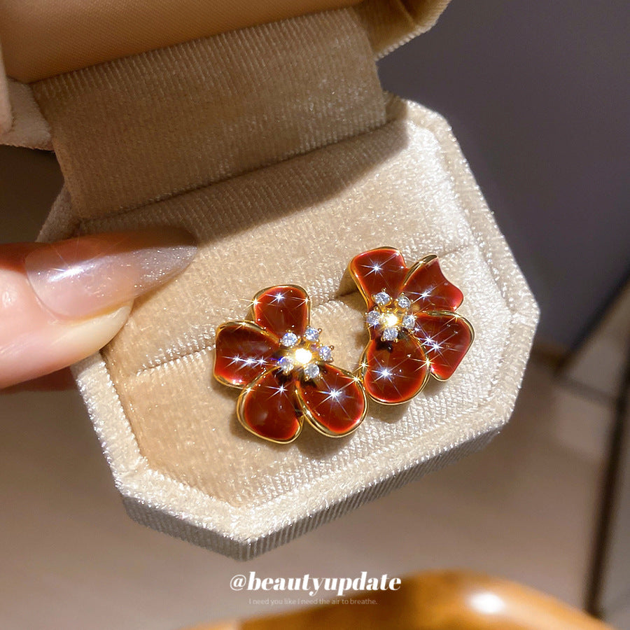 Orecchini pendenti floreali vintage con strass e olio, placcati in oro 18 carati, perni in argento 925, da donna