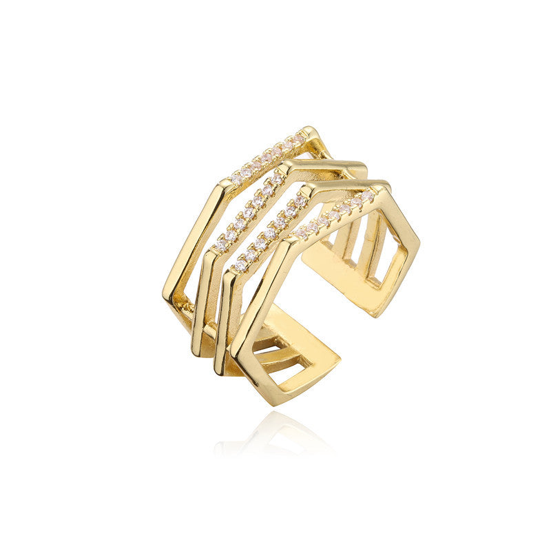 Anello Aperto Geometrico da Donna in Rame con Placcatura in Oro 18K e Dettagli in Zirconia Micro-Pave