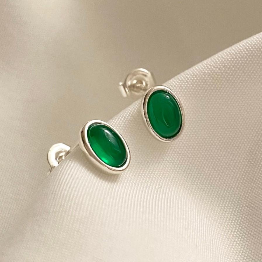 Orecchini a perno geometrici minimalisti ovali in agata verde in argento sterling 925 placcato oro