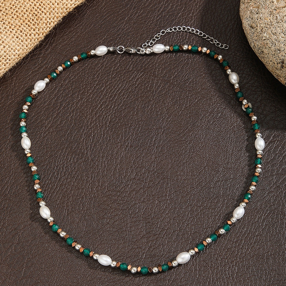 French Style Green Crystal Imitation Pearl Geometric Ball Chain Necklace for Unisex