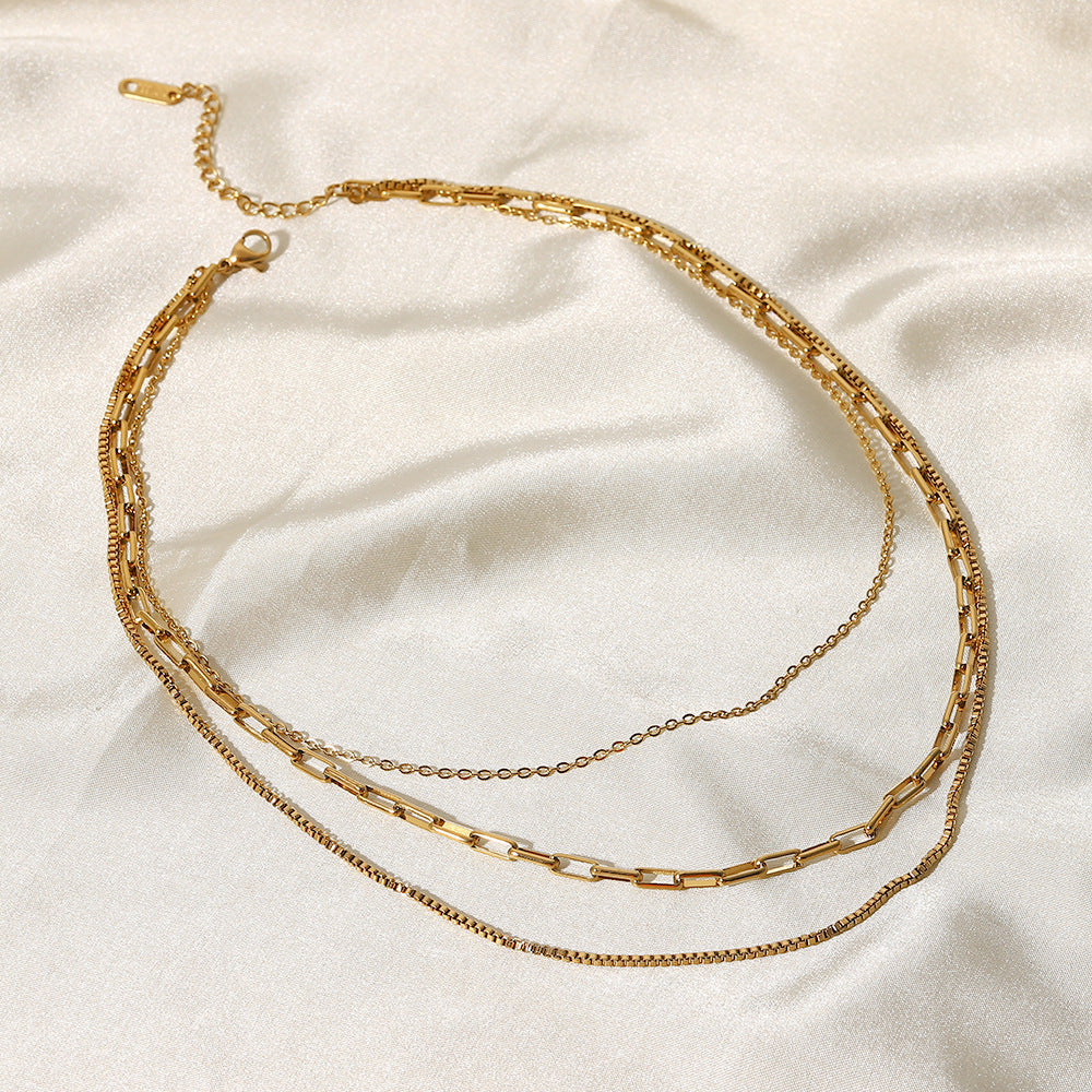 Vintage Geometric 18K Gold Plated Stainless Steel Triple Layer Paperclip Box Chain Necklace