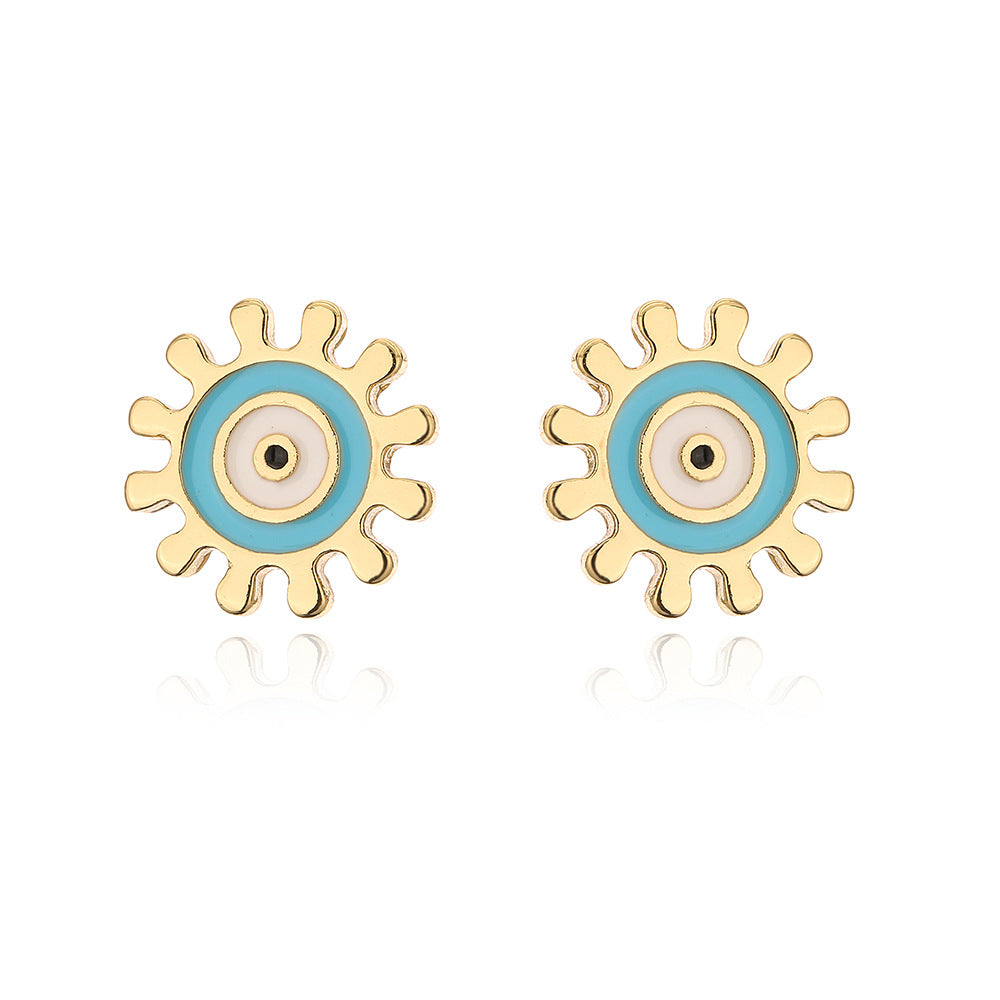 Orecchini a perno geometrici minimalisti carini in rame con placcatura in oro 18 carati e dettagli colorati smaltati a forma di occhio