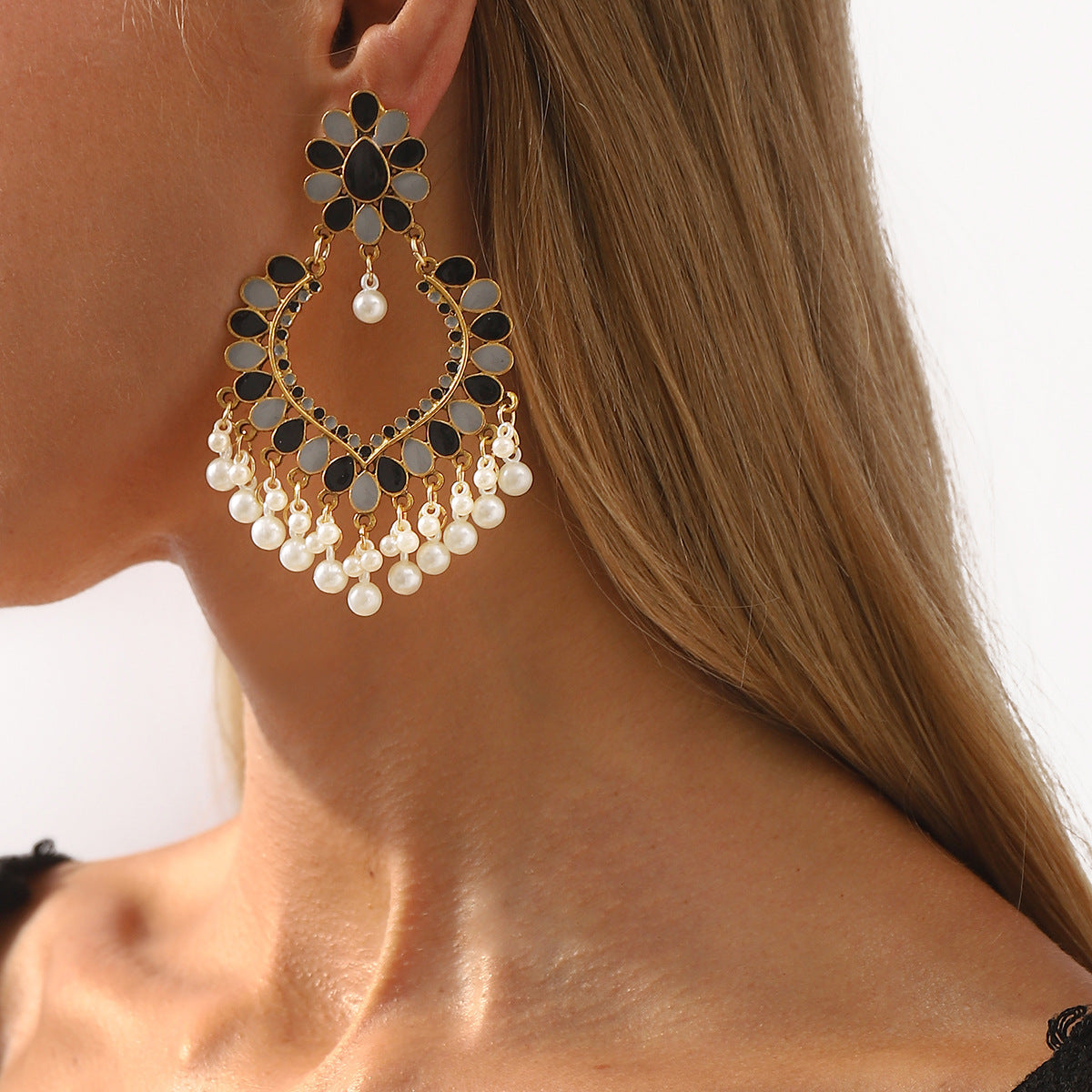 Vintage Palace Style Geometric Resin Post Enamel Earrings with Pearl Tassels for Women