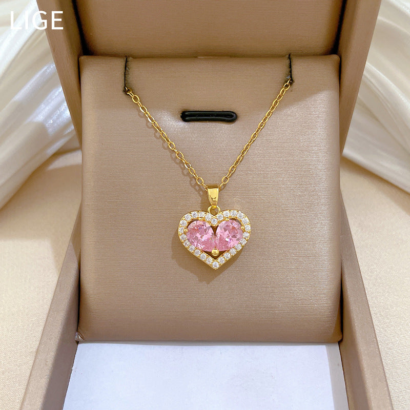 Sweet Minimalist Pink Hollow Heart Rhinestone Inlay Titanium Steel Necklace for Unisex