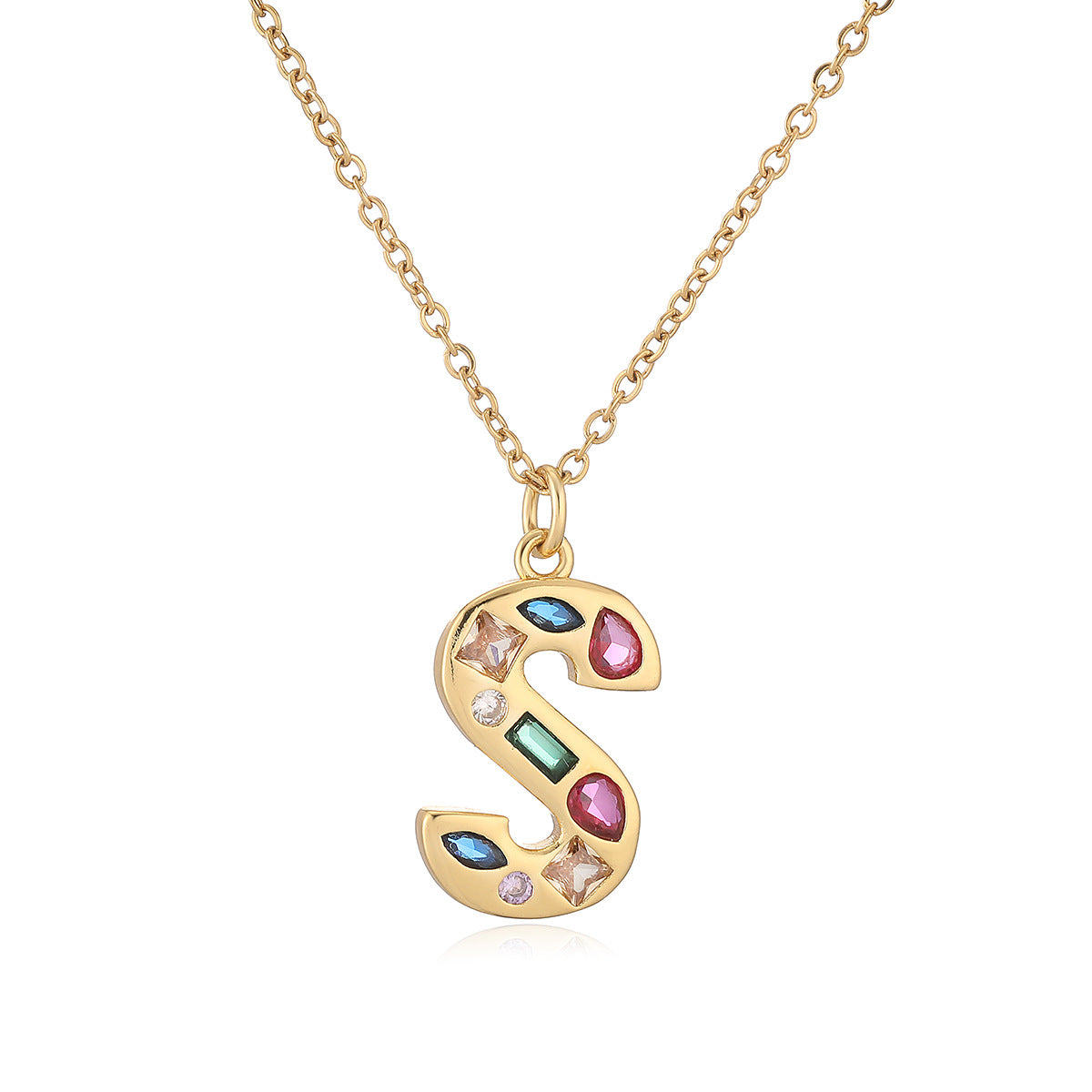 Minimalist Letter Shape Copper Pendant Necklace with 18K Gold Plating and Colored Zircon Inlay for Women