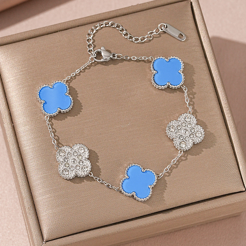 Bracciale Donna Lusso Stile Quadrifoglio in Acciaio al Titanio con Strass e Intarsio in Concha