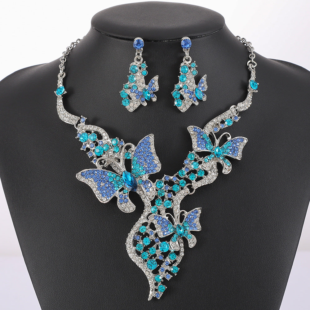 Sweet Elegant Butterfly Rhinestone Alloy Plated Necklace and Earring Set with Cable Chain for Women