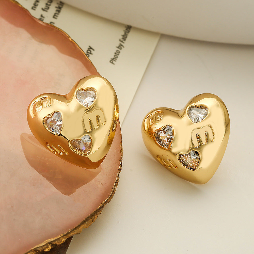 Fashionable Heart-Shaped Copper Earrings with Real Gold Plating and Zircon Inlay for Women