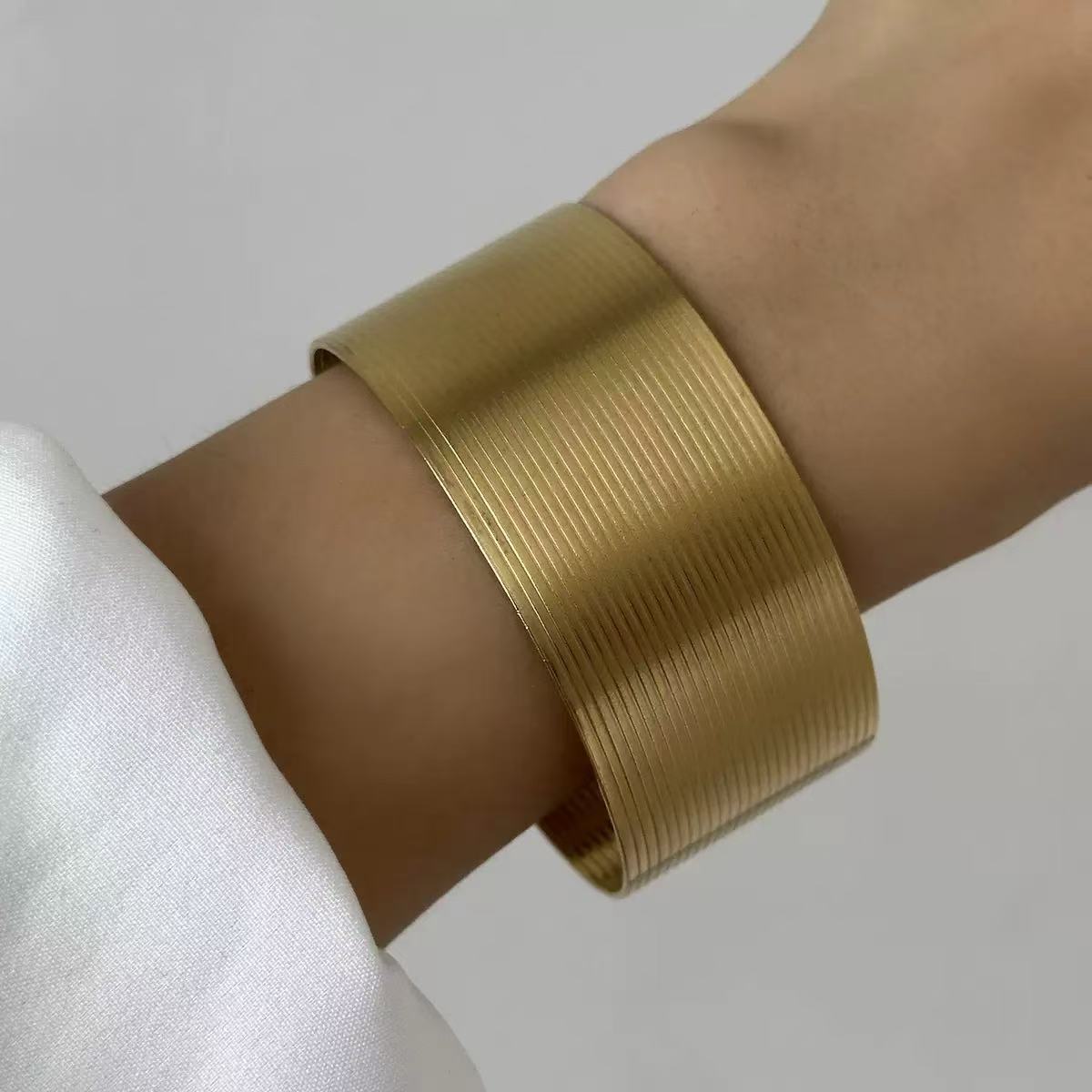 Fashion Geometric Textured Wave Pattern Plated Stainless Steel Wide Open Cuff Bracelet for Women