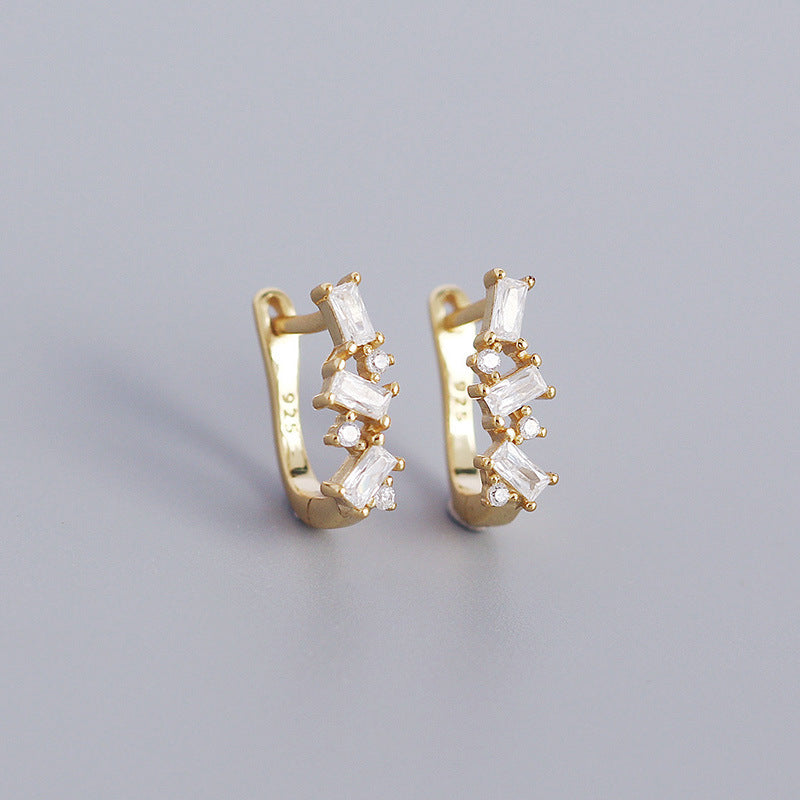 Vintage Minimalist 925 Sterling Silver Geometric U-Shaped Hoop Earrings with Cubic Zirconia for Women