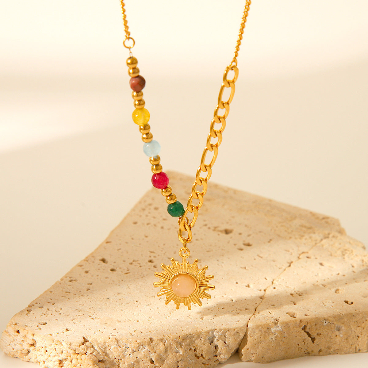 Collana con Pendente Geometrico in Acciaio Inossidabile Placcato Oro 18K con Pietra Occhio di Gatto Solare, Stile Francese Vintage, da Donna
