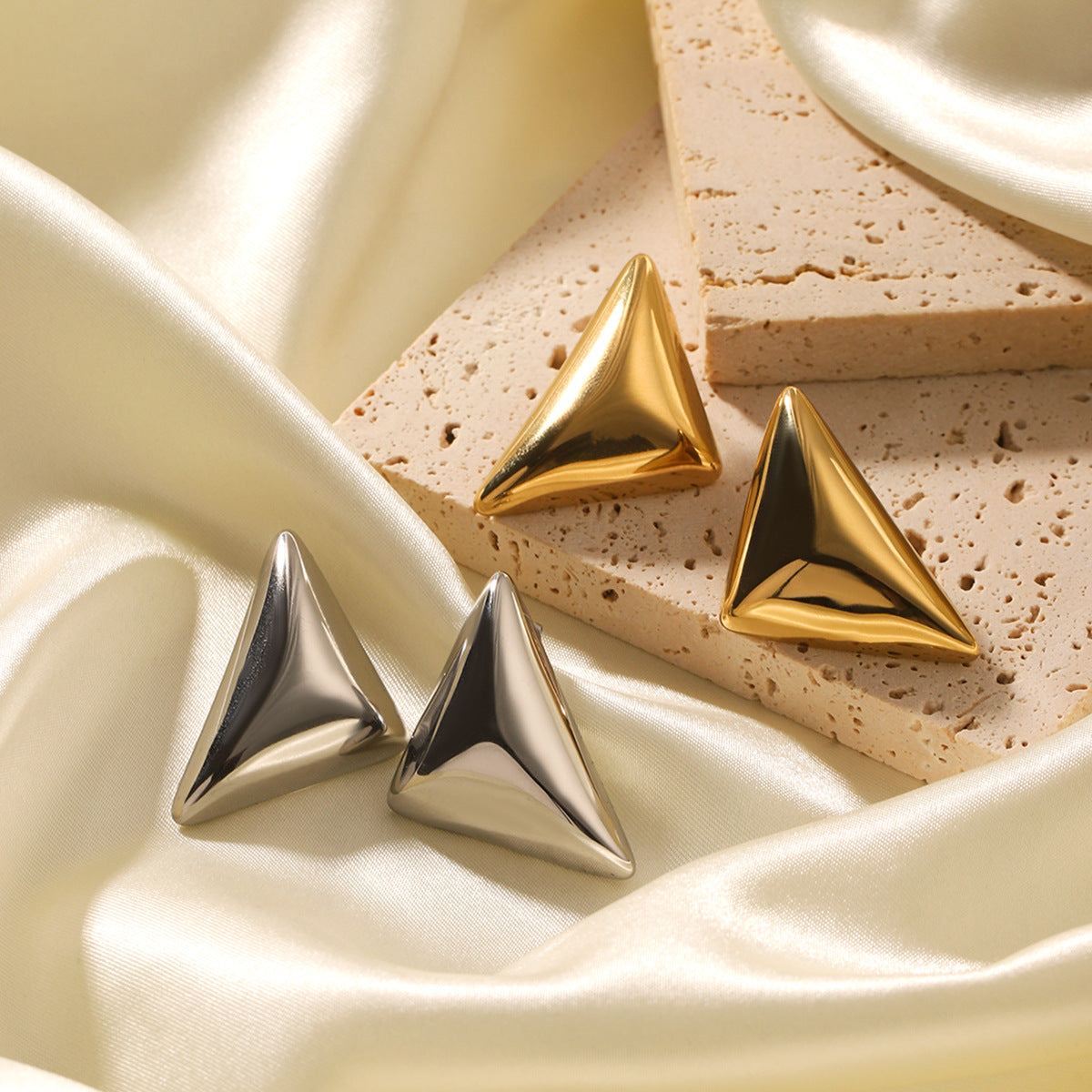 Minimalist Cold-Tone Geometric Triangle Stainless Steel Earrings for Women with Plated Finish Hypoallergenic Titanium Steel Studs