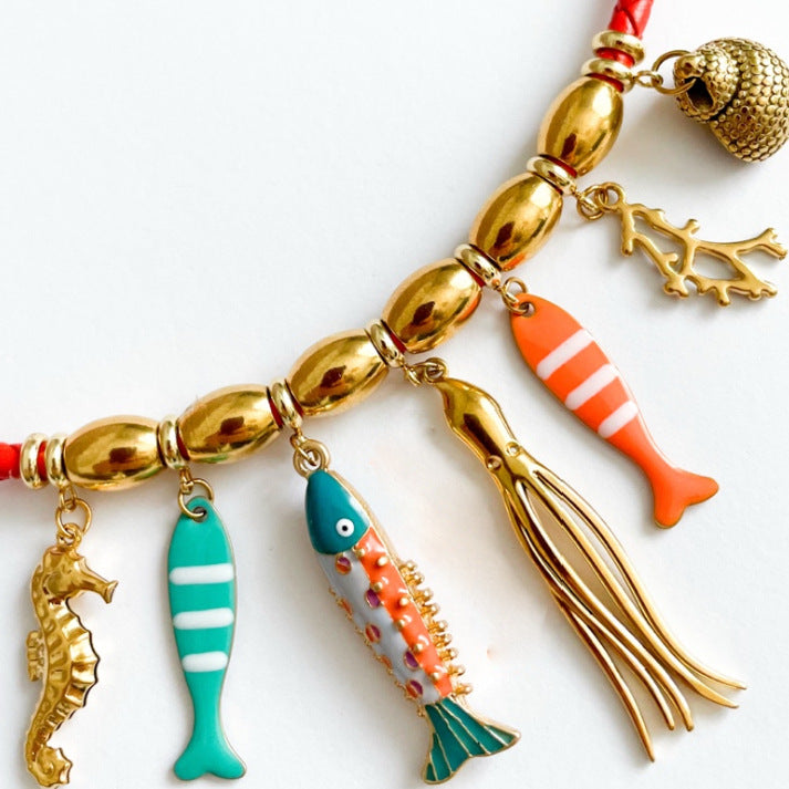 Collana con ciondolo a forma di polpo, cavalluccio marino, conchiglia e pesce pagliaccio in acciaio inossidabile placcato