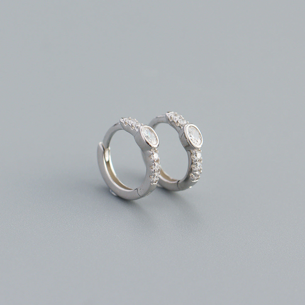 Minimalist Geometric S925 Sterling Silver Hoop Earrings with Rhinestone Inlay for Women
