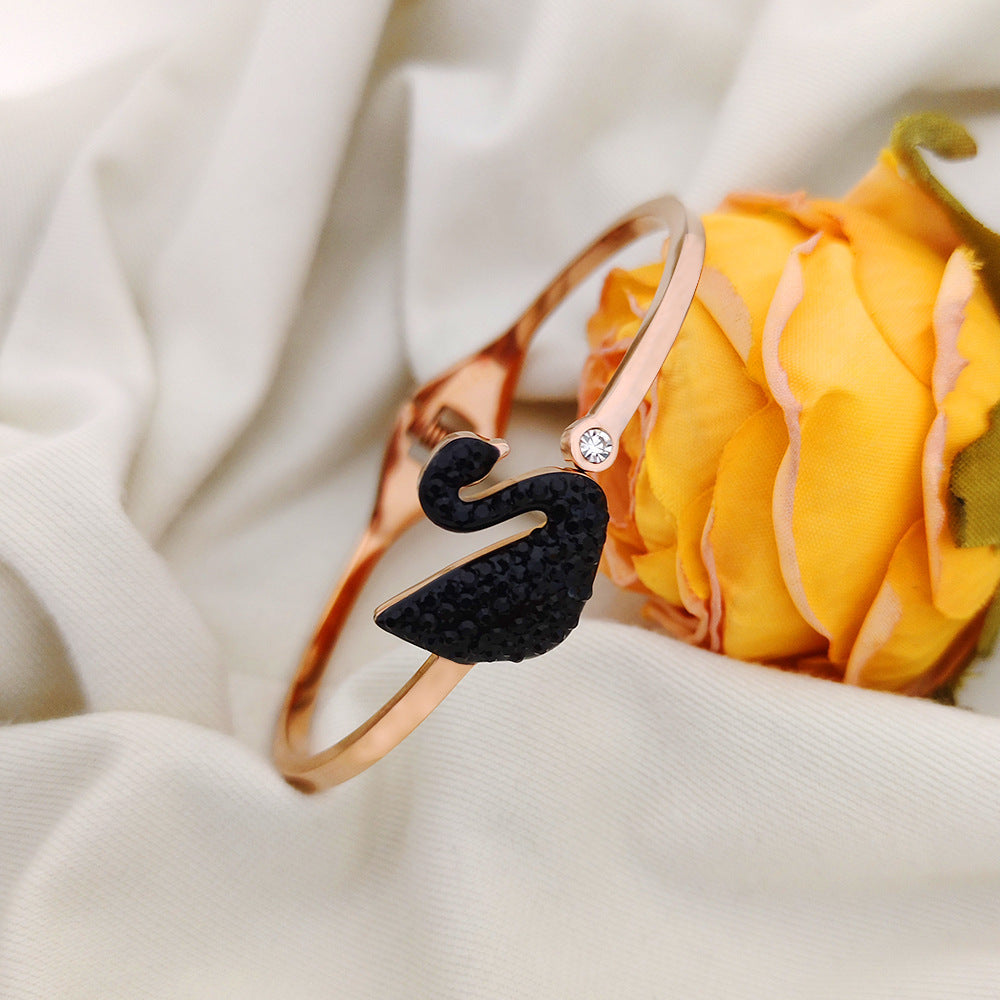 Minimalist Black Swan Bracelet for Women Made of Titanium Steel with Rhinestone Inlay and Plated Finish