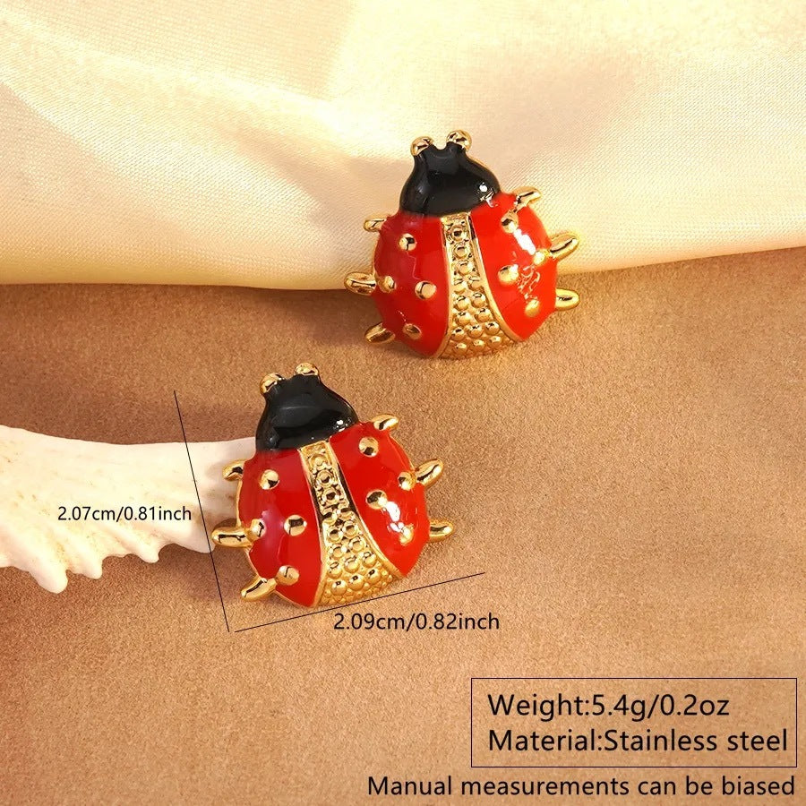 Orecchini da donna in acciaio inossidabile con coccinella a goccia colorata dolce