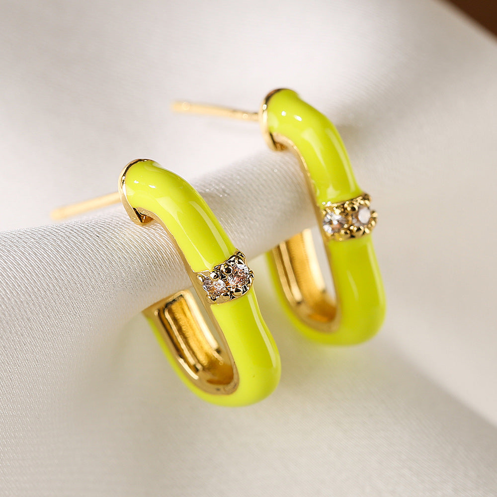 Geometric Candy-Colored Enamel Zirconia Stud Earrings for Women, Minimalist Fashion-Forward Ear Jewelry with Micro-Pave Setting