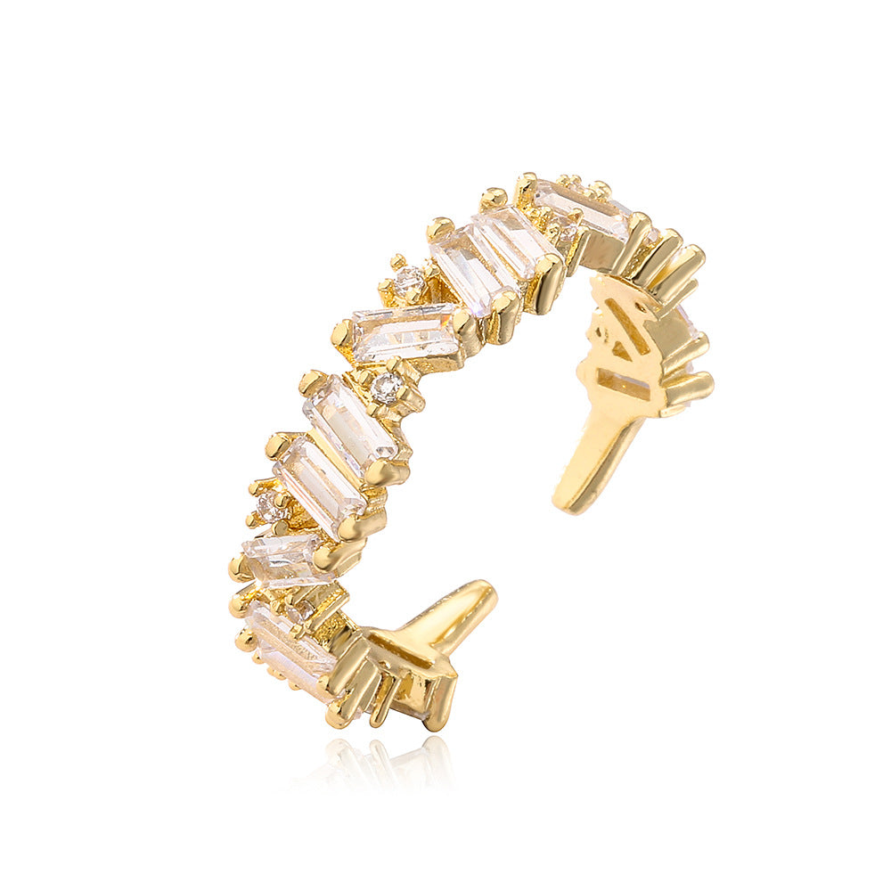 Anello Aperto Minimalista Geometrico da Donna in Ottone Placcato Oro Reale e Zirconia Micro-Incastonata