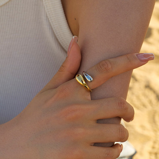 Fashionable Adjustable Open-Ended Geometric Stainless Steel Ring for Women with Gold Plating