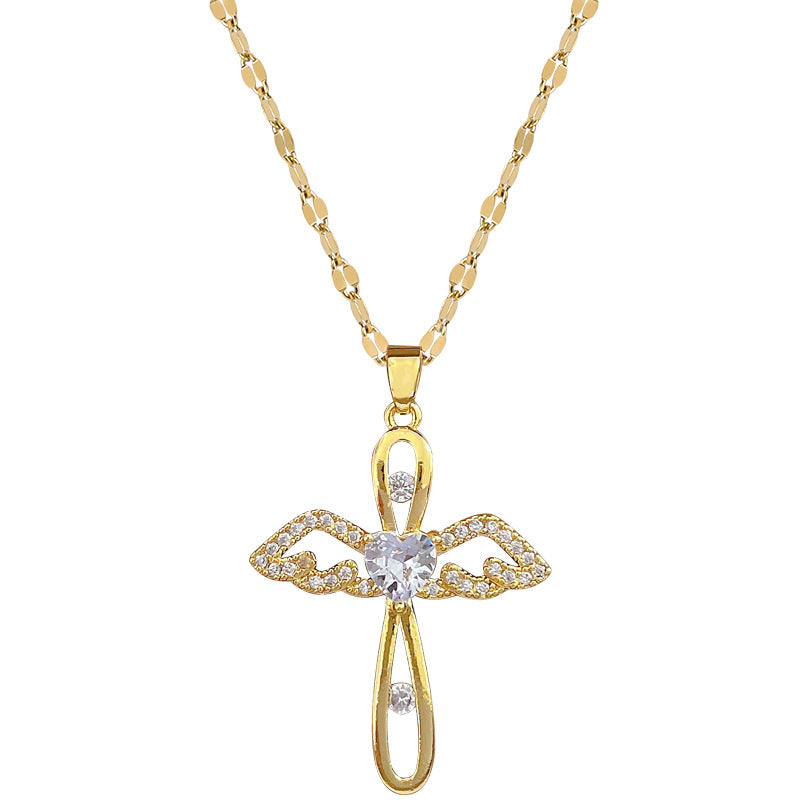 Collana a croce geometrica di lusso in acciaio al titanio per donna con catena alla clavicola e intarsio di strass