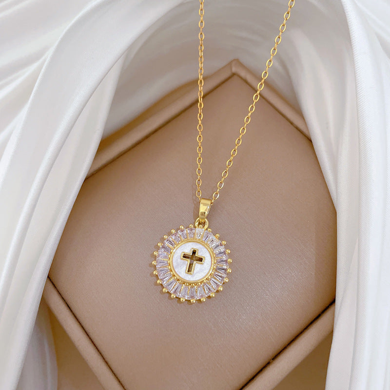 Minimalist Round Cross Pendant Necklace for Women Stainless Steel Chain with Rhinestone Inlay and Natural Moon Motif