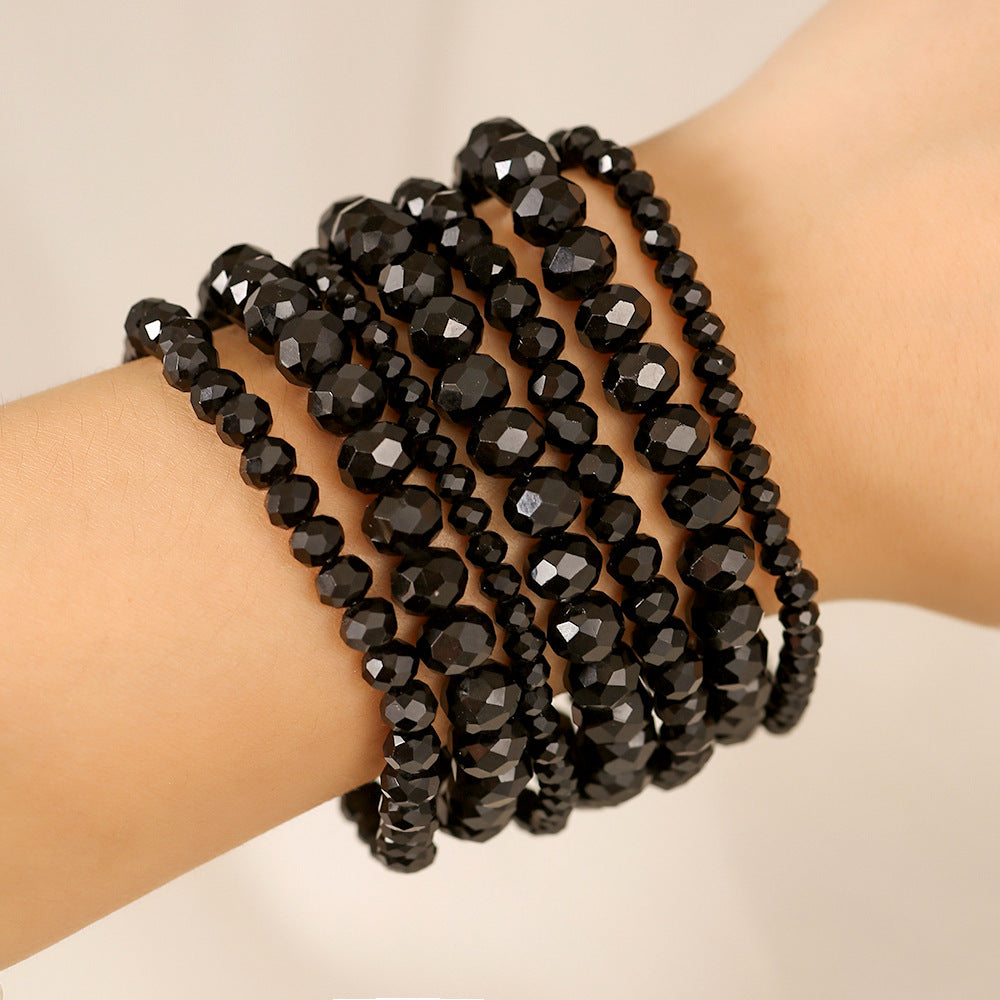 Minimalist Geometric Black Crystal Beaded Bracelet Set with Faceted Octagonal Stones Elastic Bohemian Wristwear