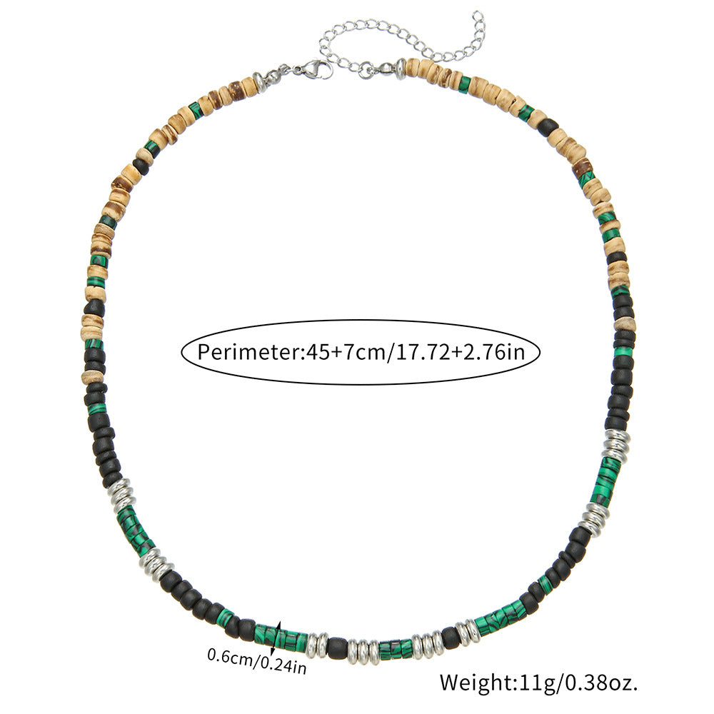 Geometric Round Wood Stainless Steel Ball Chain Necklace with Green Peacock Gemstone for Unisex